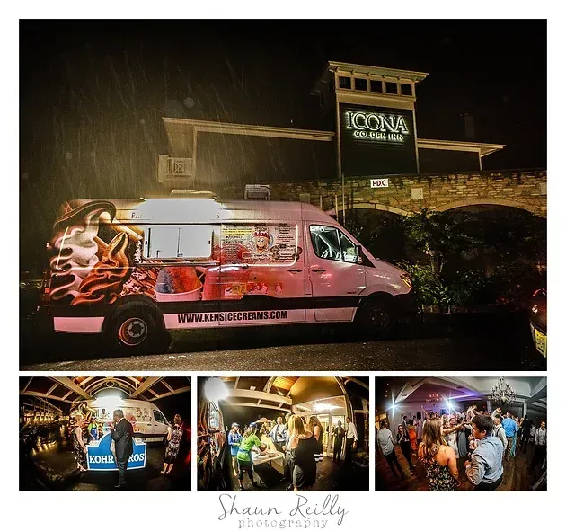 Lit pink party van at night with three smaller photos of people dancing and celebrating below