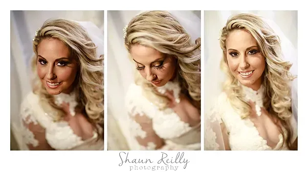 Three side-by-side portraits of a blonde woman in a white top, smiling softly against a pale background.
