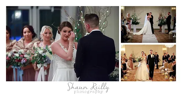 Wedding photo collage with bride and groom dancing and posing at reception