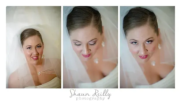 Three wedding portrait close-ups of a bride with white veil and pink lipstick, looking down and smiling