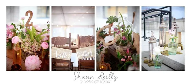 Wedding decor collage with blush flowers, table settings, and a modern glass ceremony venue