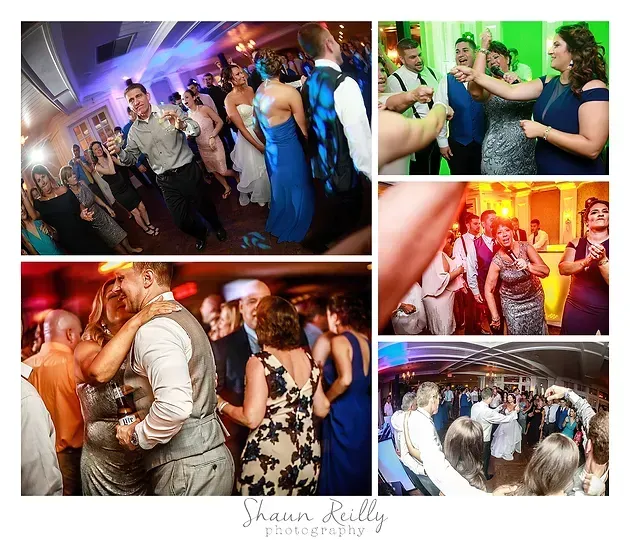 Wedding reception collage with guests dancing under colorful lights and on a white-lit dance floor
