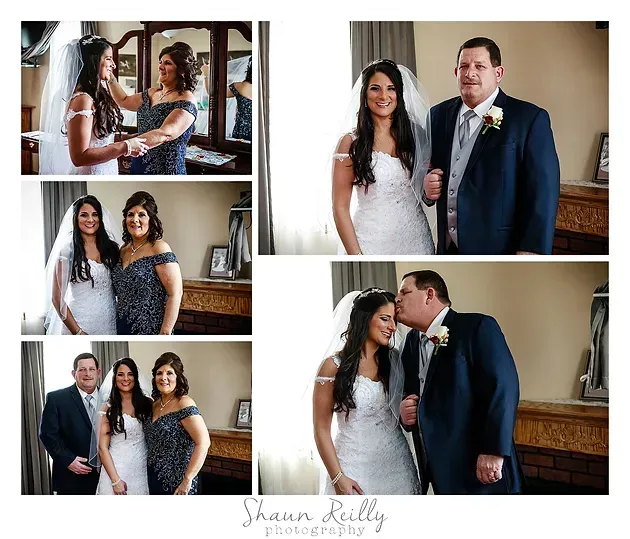 Wedding collage of a bride and groom posing indoors, smiling and sharing a kiss at an event venue