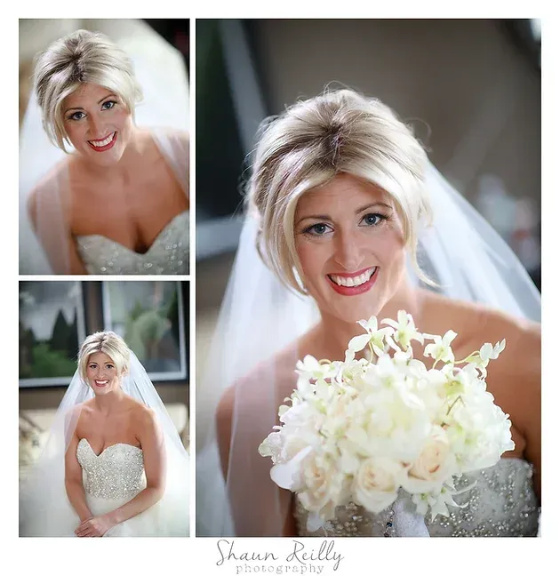 Collage of a smiling bride in a white gown holding a bouquet, with close-up and full-length wedding portraits