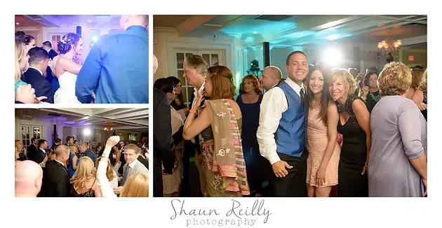 Guests dancing at a warmly lit indoor party with blue and gold lighting.