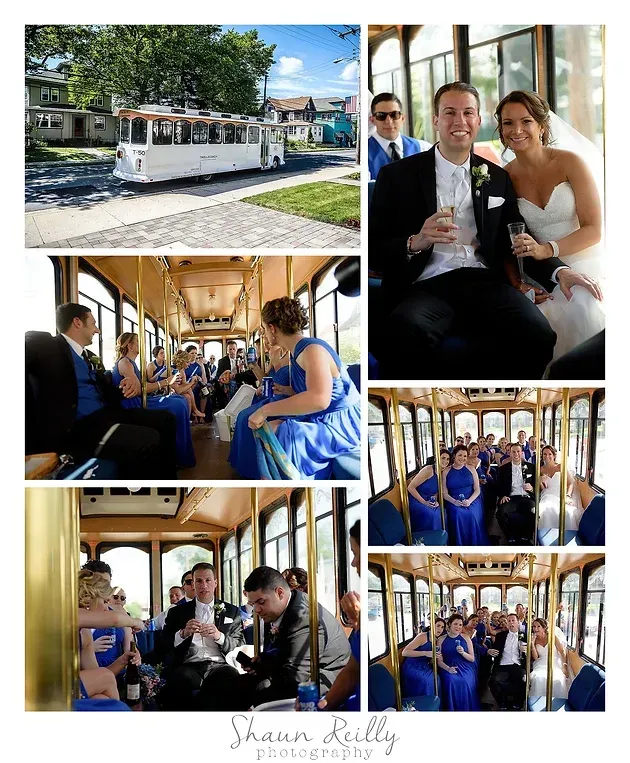 Wedding collage on a white trolley, showing the bride and groom smiling with guests during a ride.