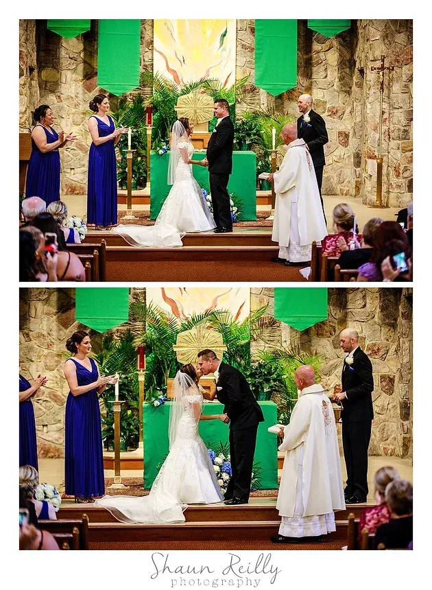 Two wedding ceremony photos in a stone chapel with bride, groom, attendants, and officiant on stage