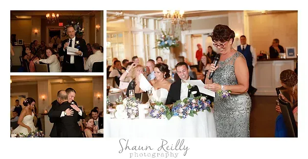 Wedding reception collage with bride, groom, and guests celebrating and giving speeches