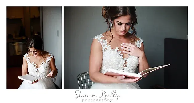 Bride in white lace dress reading a letter, shown in a two-panel wedding portrait.