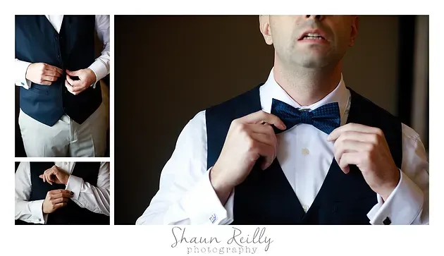 Man adjusting black bow tie over white dress shirt and navy vest, with close-up inset views of the tie.