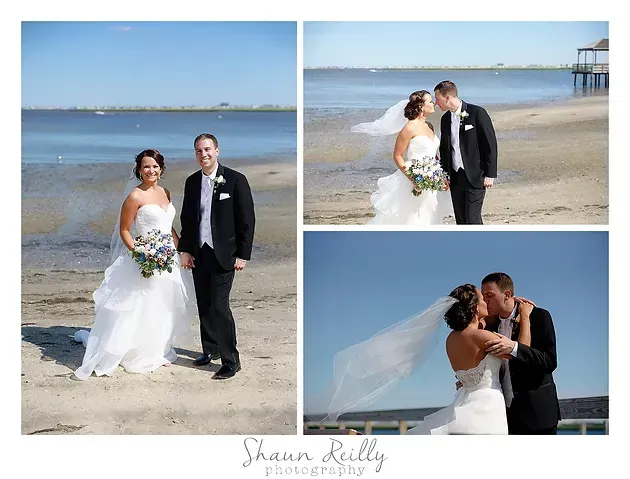 Bride and groom posing on a beach, with close-up kissing and ocean backdrop.