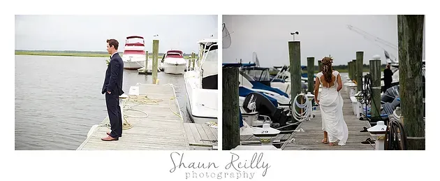 Two wedding photos on docks by the water, featuring a bride and groom in white and dark formalwear.