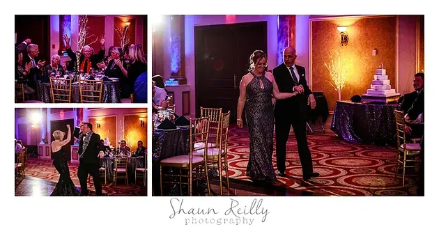 Wedding reception collage with musicians, a dancing couple, and guests in warm purple and amber lighting