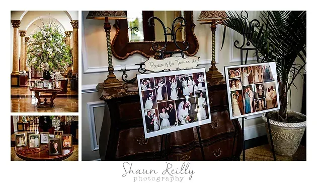 Elegant indoor photo collage with framed portraits on a mantel beneath a mirror and plants in a formal room