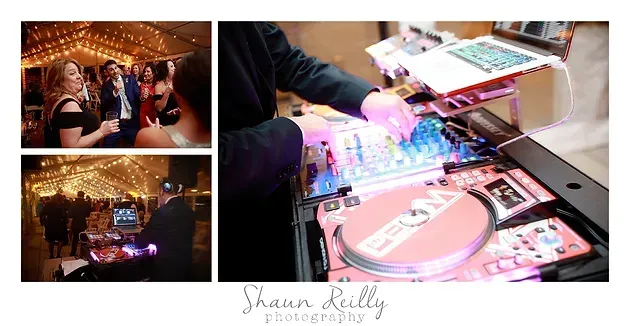 Collage of a lively party and a person using a pink record player setup