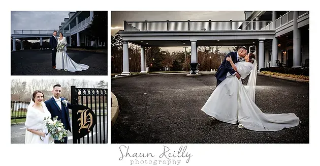 Wedding couple posing outdoors by a waterfront and under an overpass, with the bride in a white gown.