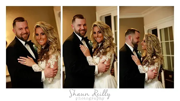 Three-panel wedding portrait of a couple in formalwear embracing and smiling indoors