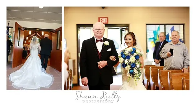 Bride in white gown walks down church aisle; priest and couple smile beside seated guests.