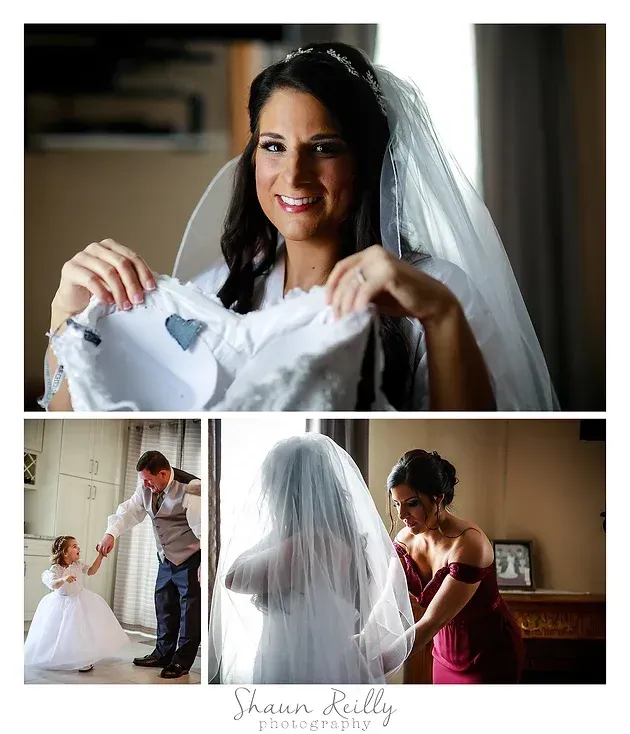 Bridal collage: bride in veil smiling, getting dressed with help, and seated with attendants in a warm room.