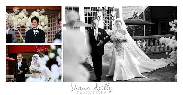 Wedding collage with bride and groom in formal attire, including a black-and-white ceremony photo.
