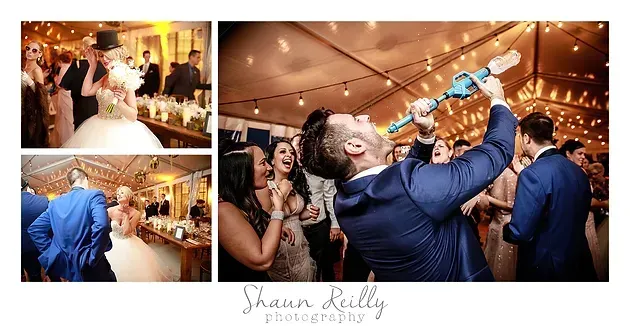 Wedding reception collage with bride and guests dancing under warm string lights
