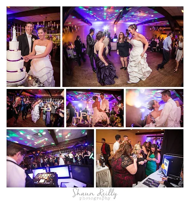 Wedding reception collage with bride, dancing guests, cake table, and colorful party lights