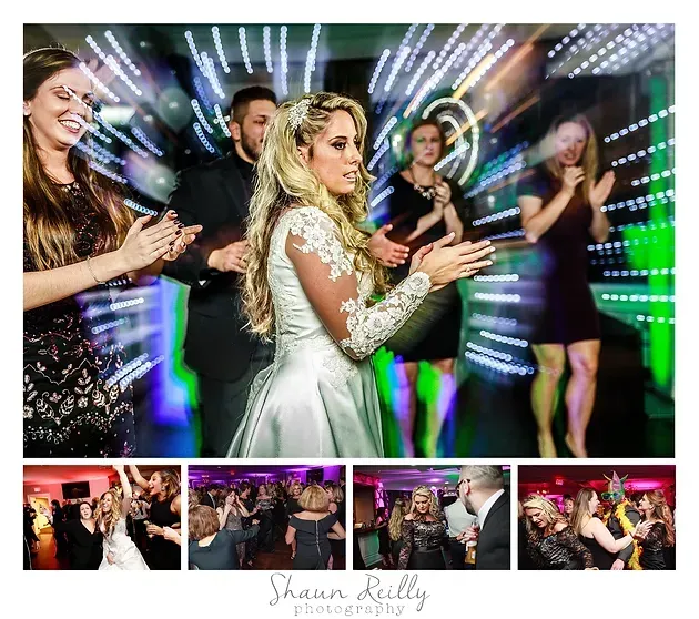 Bride clapping on a neon-lit dance floor with cheering guests and a photo strip below