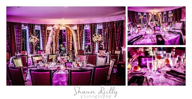 Purple-lit banquet hall with mirrored decor and set dining tables, shown in a three-photo collage