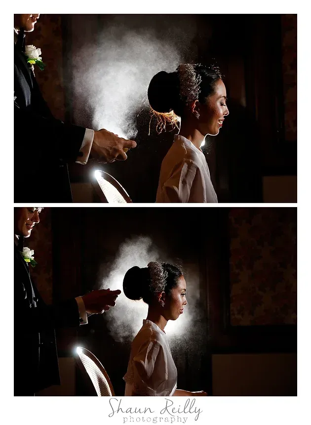 Two-panel salon scene with hairstylist drying a bun hairstyle, backlit by soft smoke and warm light