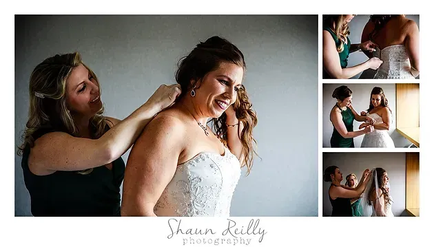 Bride having her hair styled by a hairstylist, with three small inset photos of the process.