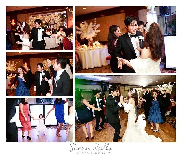 Wedding reception collage of guests dancing, smiling, and mingling in formal attire