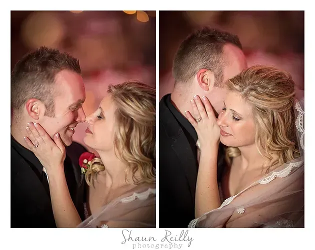 Two-panel wedding portrait of a couple sharing a kiss, with warm pink lighting and soft-focus background