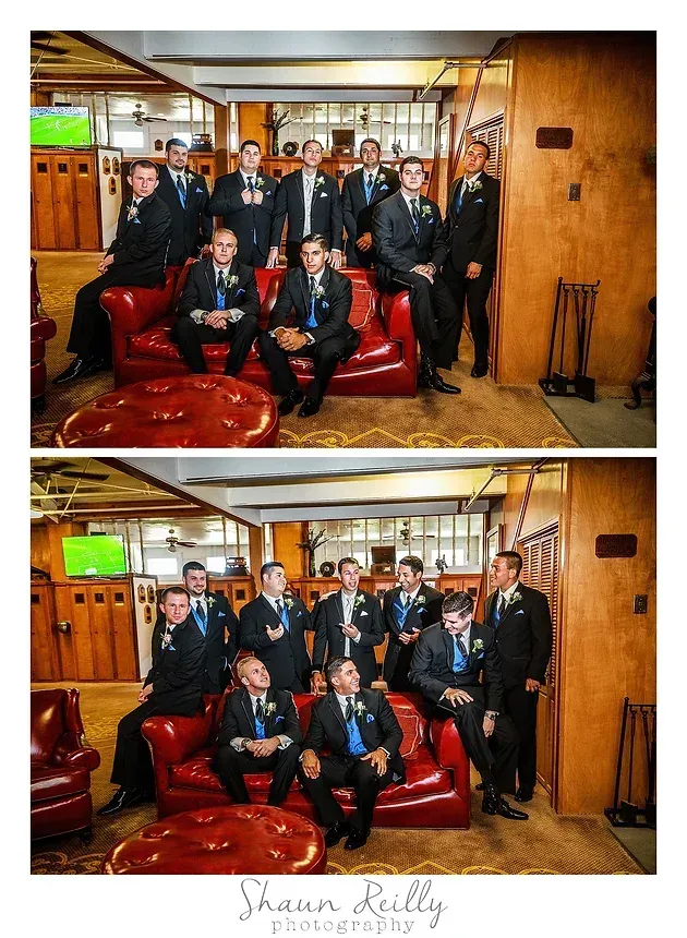 Two group portraits in a wood-paneled room, with people in suits posing on red leather chairs.