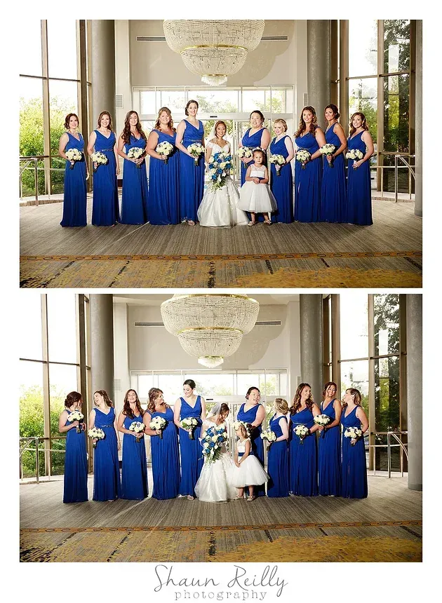 Wedding party in blue dresses posing with bride and groom in a grand indoor venue, with two group shots stacked.