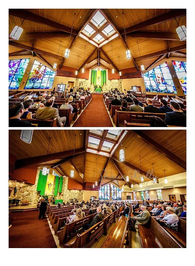 Church interior with wooden pews, stained glass windows, and a congregation facing the altar