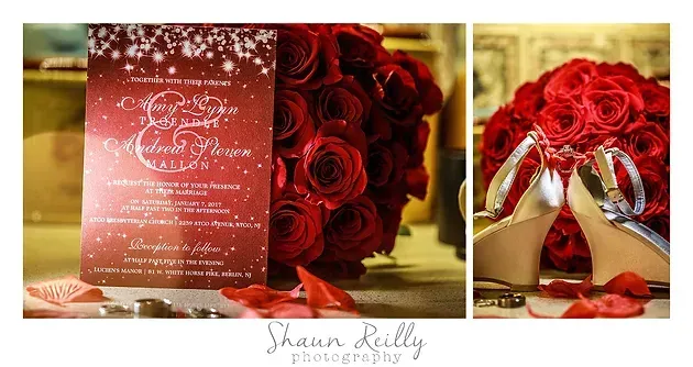 Red rose bridal bouquet and invitation card in a romantic wedding collage