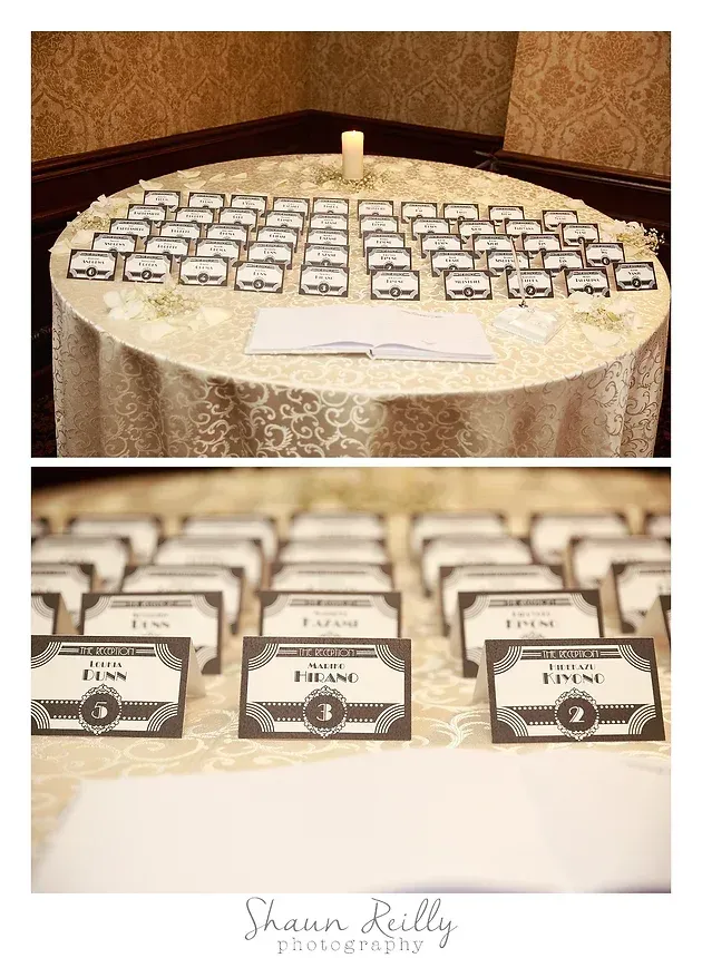 Table with rows of small labeled boxes arranged around a single candle; close-up of the labels below.