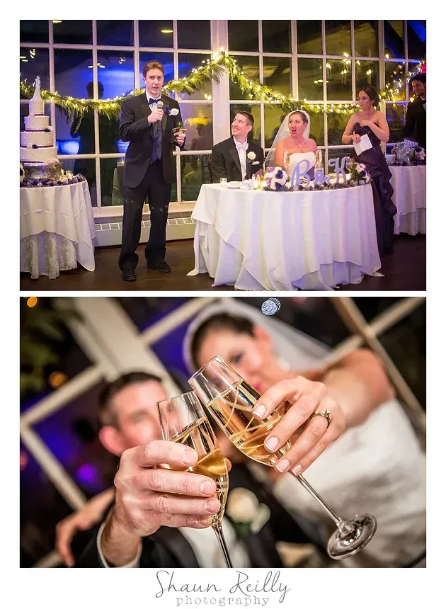 Wedding reception with a speaker and guests toasting at a decorated table