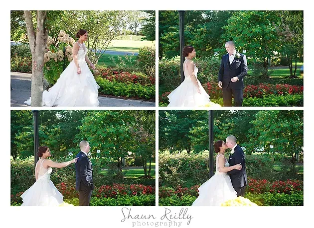 Four wedding photos of a bride and groom in a lush green garden, exchanging embraces and walking together