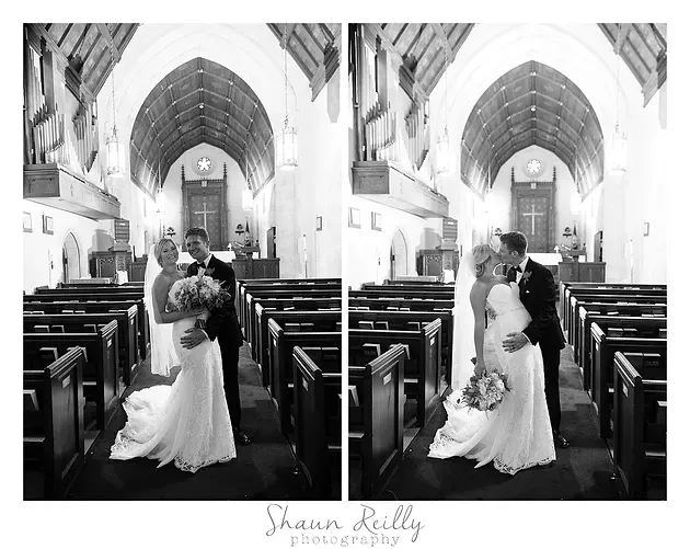 Bride and groom in a church aisle, shown in black-and-white side-by-side wedding portraits.