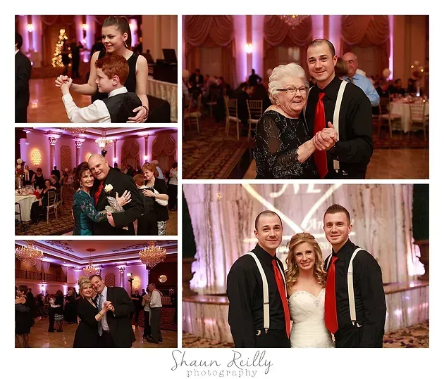 Collage of four wedding reception photos in a pink-lit ballroom with couples posing and smiling