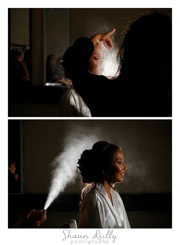 Two-panel bridal portrait: woman in white dress and veil, lit from side, with mist sprayed behind her