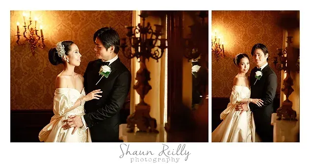 Wedding couple posing in an elegant, warmly lit room, with a close-up and full-body portrait side by side