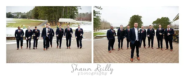 Group of people in dark suits walking outdoors on a gravel path, with two side-by-side photos.
