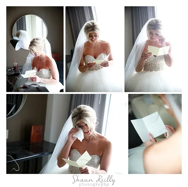 Bride in white dress reading a note by a window in a soft, bright collage.
