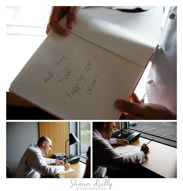 Notebook page with handwritten notes, shown beside a man writing at a desk near a window.