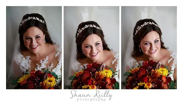 Bride holding colorful flowers in three portrait photos with a soft gray background