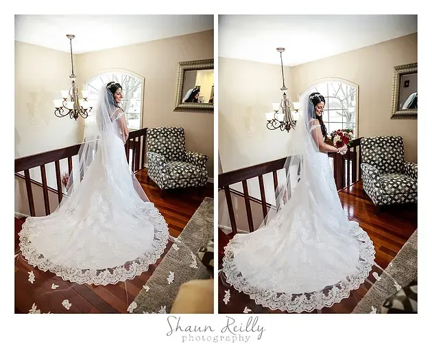 Bride in white gown and veil posing in a living room, shown from front and back views.