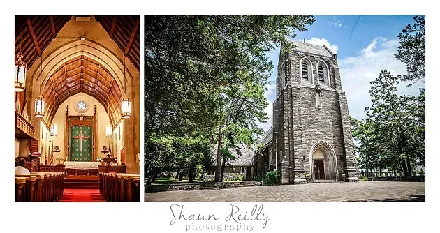 Cathedral interior with warm wooden arches beside an exterior stone church tower in a leafy setting