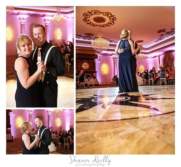 Couple dancing at a formal pink-lit ballroom reception, with close-up and wide-shot views.